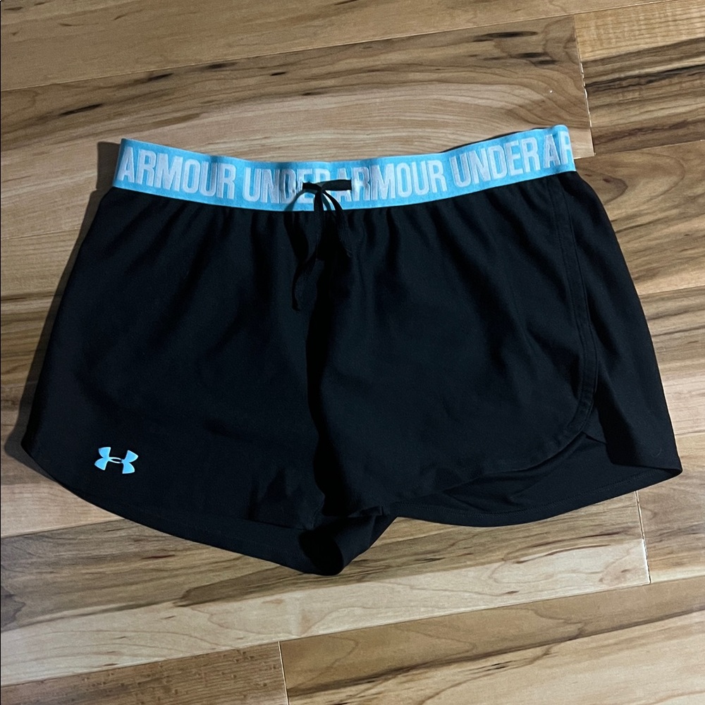 Under Armour Women's Black Athletic Shorts with Blue Waistband